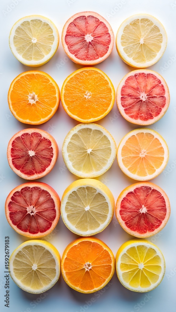 Obraz premium Vibrant slices of citrus fruits arranged in a grid pattern