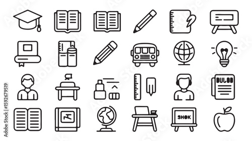 Education and School Icons – Graduation, Book, Teacher, and Student Symbols"