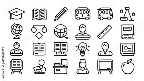 Education and School Icons – Graduation, Book, Teacher, and Student Symbols"