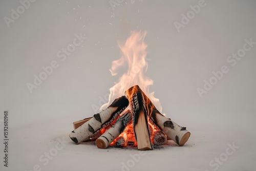 Small campfire with burning birch logs and flames