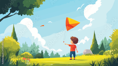 Joyful boy flying kite in scenic landscape