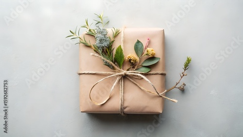 Beautifully wrapped gift box adorned with fresh natural flowers and greenery