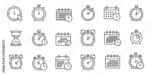 Simple linear time icons collection: clocks, calendars, and hourglasses