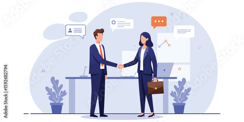 Business professionals shaking hands in office with digital communication elements
