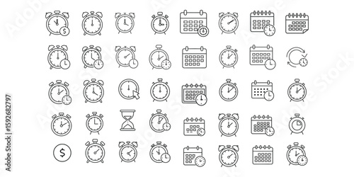Linear style clocks and calendar icons for time management concepts