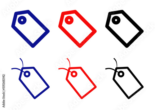 Set of colorful price tags in blue, red, and black, representing labeling and commerce concepts