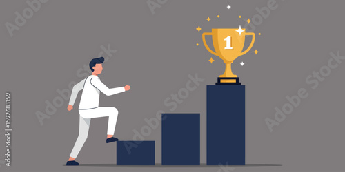 Businessman climbing stairs to achieve success and reach the trophy