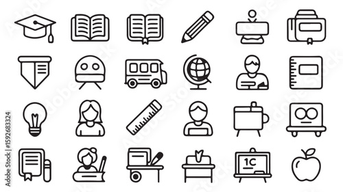 Education and School Icons – Graduation, Book, Teacher, and Student Symbols"