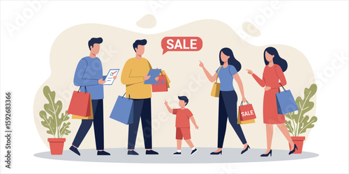 Family shopping spree with sale signs and colorful bags in modern flat design