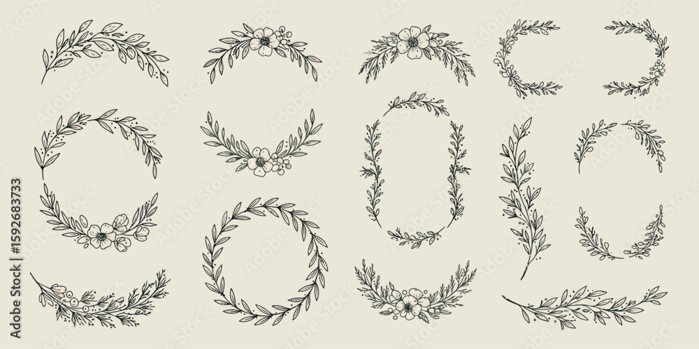 Obraz premium Elegant hand drawn botanical wreaths with floral elements