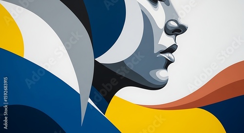 An abstract artwork showcases a womans profile with dynamic lines and a vivid color palette