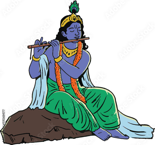 Lord Krishna Playing Flute on Rock, Hindu Deity Art