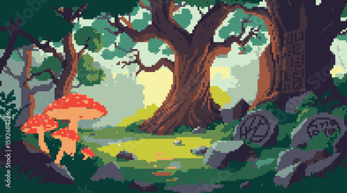 Pixelated Forest Glade with Mushrooms and Gravestones