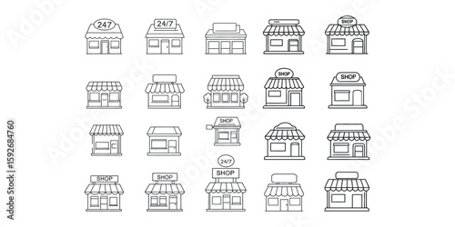 Collection of linear small shopfront icons with variety of awnings and signs