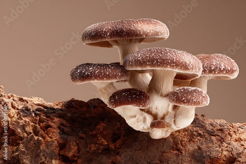 Cluster of shiitake mushrooms growing on an old tree log with brown background