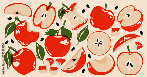 Red apples. Fresh apple fruits with leaves and seeds, ripe apples whole and cut pieces, abstract tropical fruit with leaf, peel, natural organic sweet sour ingredients. Vector risograph set