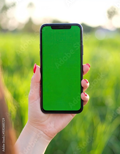 Hand holding phone with green screen outdoors