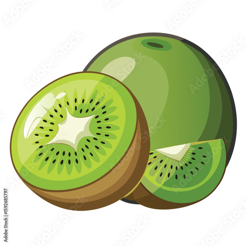 A fresh whole kiwi, meticulously peeled and sliced to show its green flesh and tiny black seeds, on a simple white background.