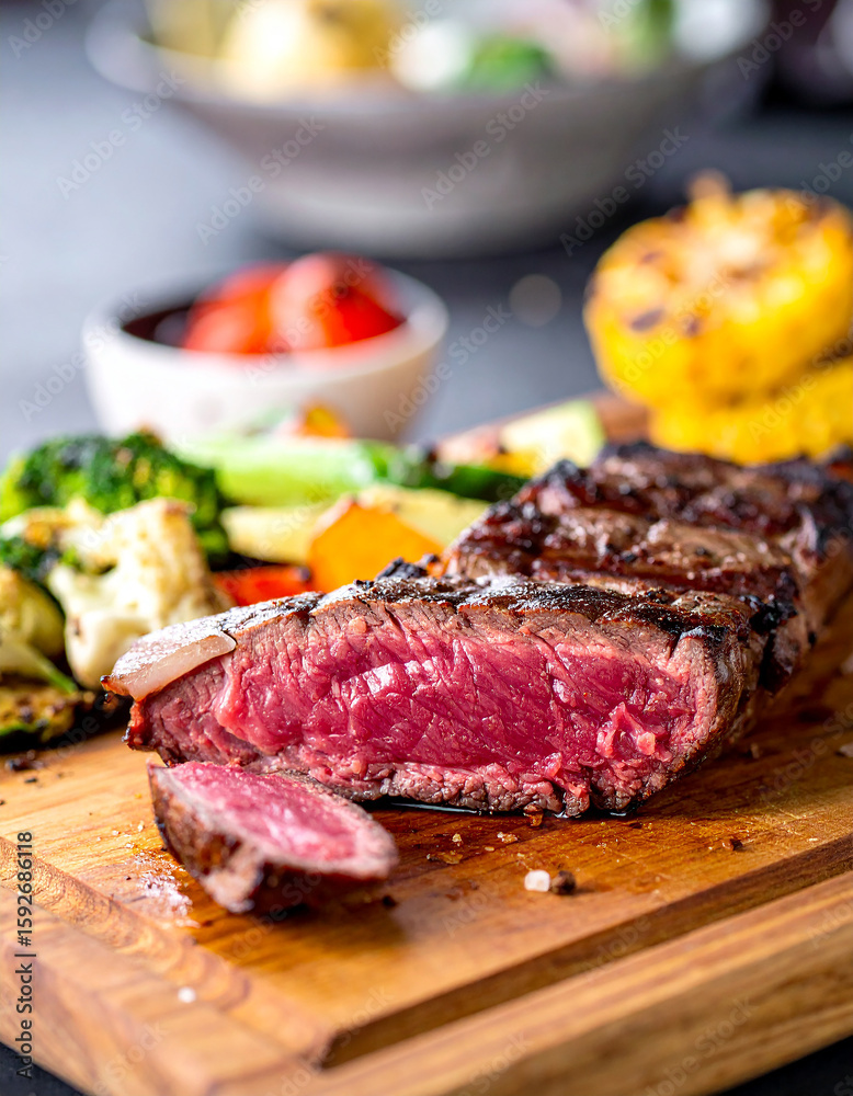 Fototapeta premium Delicious lean grilled medium-rare beef steak in cut. Tasty food for dinner. Cooking and culinary