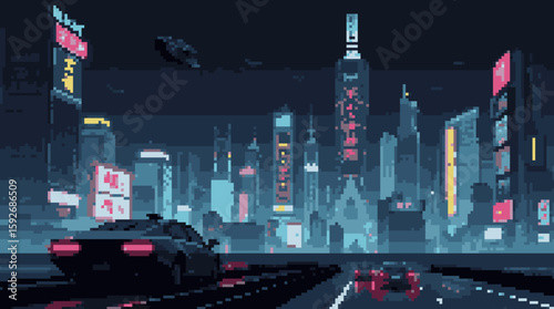 Pixelated Cyberpunk Cityscape at Night with Flying Vehicles