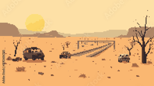 Pixelated Desert Road Trip: Cars, Tracks, Sun, and Dying Trees