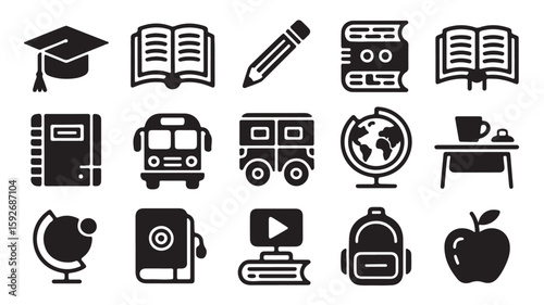  "School and Education Icons – Graduation, Book, Pencil, Globe, and Classroom Symbols"