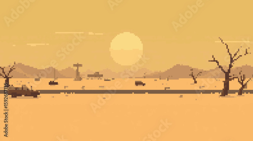 Pixelated Desert Landscape with Road and Vehicles