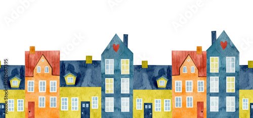Wallpaper Mural Watercolor drawing seamless cute little house border. Hand painted colorful illustration clipart. Perfect for nursery posters, fabric, wallpapers. Torontodigital.ca