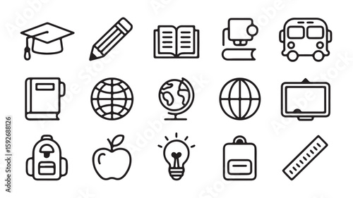 "Education and School Icons – Graduation, Book, Globe, and Classroom Symbols"
