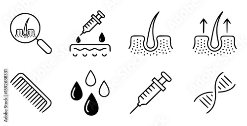 Hair follicle analysis treatment and growth icons magnifying glass