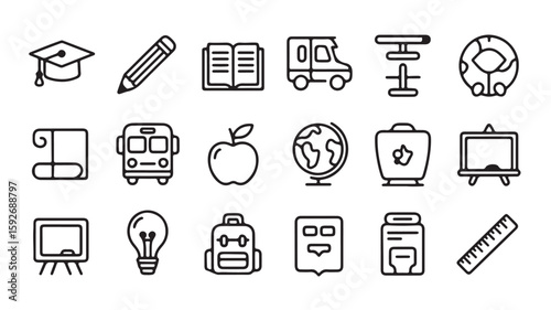 "Educational Icons – Graduation, Book, Pencil, Globe, and Classroom Symbols"