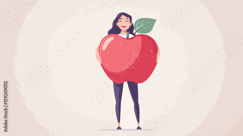Smiling woman holding large apple illustration