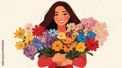 Joyful woman with floral bouquet illustration