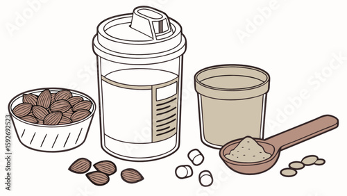 Almond protein shake recipe ingredients with almonds protein powder and supplements for fitness diet