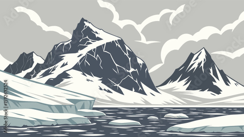 Monochromatic mountain landscape with snow peaks and icy water scenic view vector illustration art
