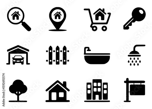 House related icons search location shopping key garage fence bathtub shower tree building sign