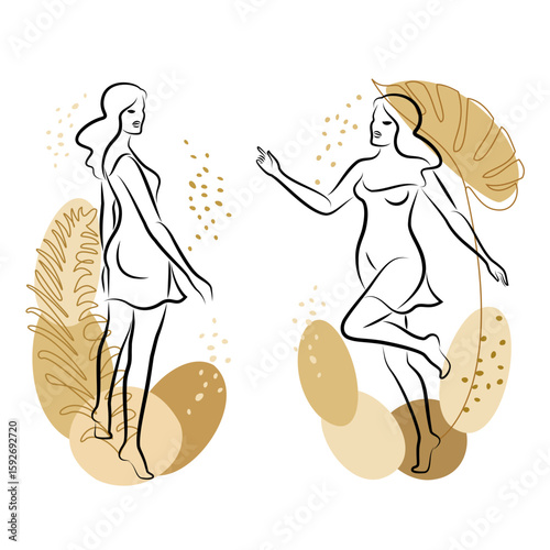 Collection. Silhouette of a cute lady and leaves of a plant. The girl is standing. The woman has a beautiful figure. She is young and slim. Vector illustration set.