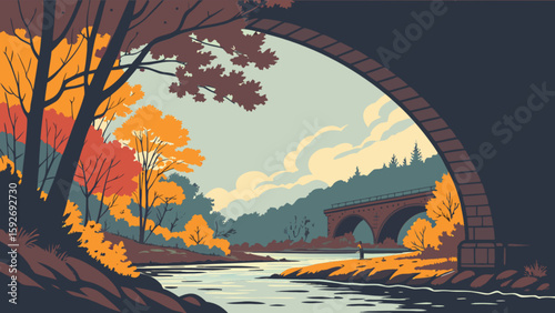 Autumn landscape painting of river under bridge with fall foliage and serene nature scene illustration art