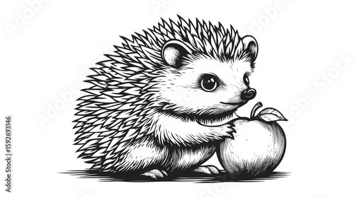 Cute Hedgehog Holding Apple in Monochrome