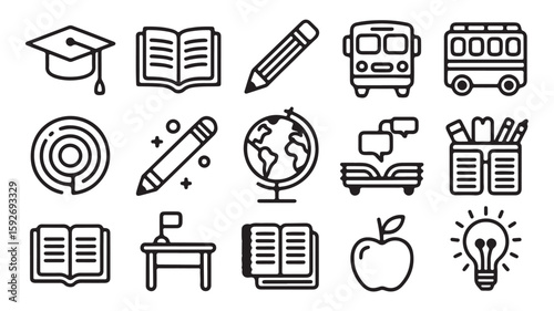 "Education and Learning Icons – School, Book, Apple, and Classroom Symbols"