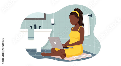 Woman working on laptop in bathroom - perfect for blog posts about work-life balance or remote work.