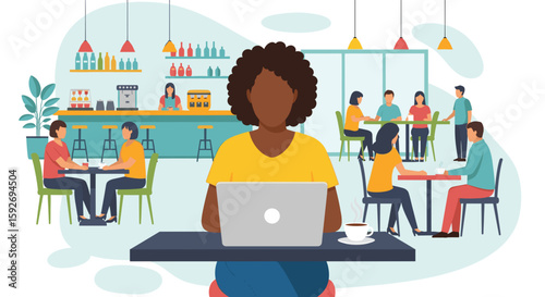 Woman working on laptop in a busy cafe, ideal for website banners or marketing materials.