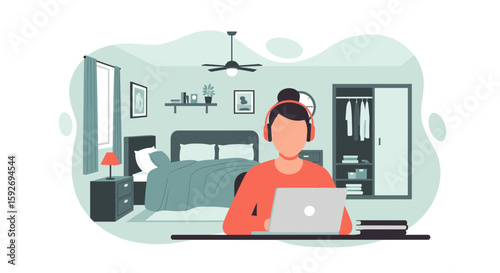 Woman working from home in her bedroom, using laptop and headphones. Perfect for articles on remote work, work-life balance, or online education.