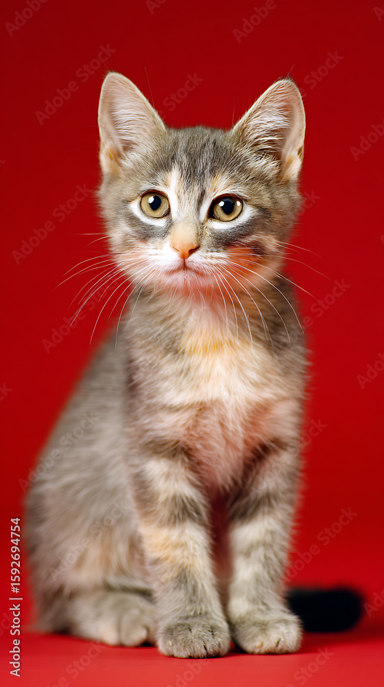 Obraz premium Adorable dilute calico kitten with striking amber eyes sits attentively against a vibrant red backdrop