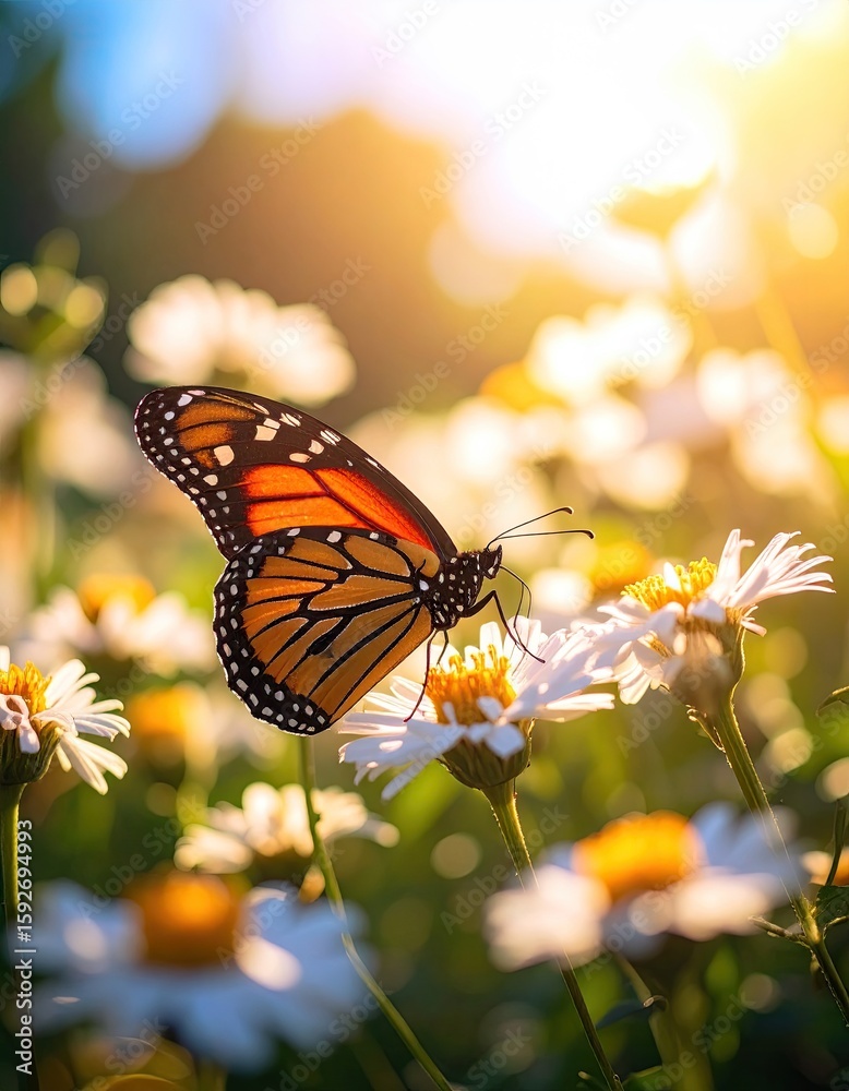 Fototapeta premium Monarch butterfly on a daisy flower field at sunrise