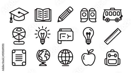 "Education and Learning Icons – School, Book, Apple, and Classroom Symbols"