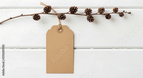 A blank brown paper tag hangs from a branch adorned with pinecones against a white wooden background
