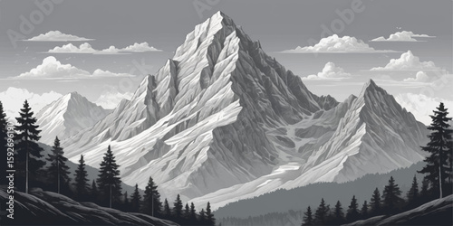 Snow-capped peaks pierce the morning sky, their majestic alpine landscape framed by a green valley and a dense forest, offering a breathtaking view of nature's serene beauty