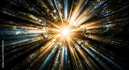 Sunlight streams through the forest canopy, creating dramatic rays of light that illuminate the trees from above
