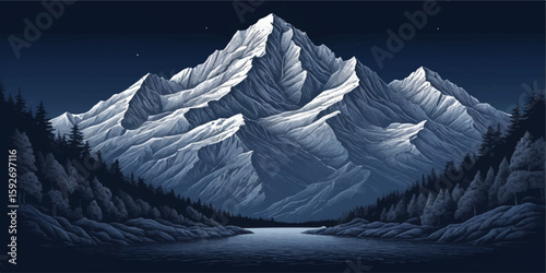 Snow-capped mountains and an icy blue glacier frame a serene lake in a cold, winter landscape